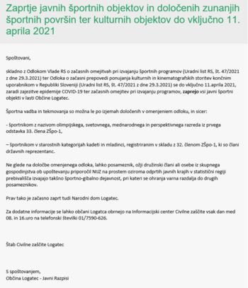 Zaprtje javnih športnih objektov in določenih zunanjih športnih površin ter kulturnih objektov do vključno 11. aprila 2021