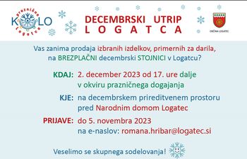 Vas zanima prodaja izbranih izdelkov, primernih za darila, na BREZPLAČNI decembrski STOJNICI v Logatcu?