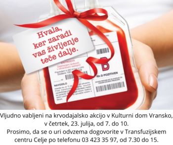 Krvodajalska akcija v Kulturnem domu Vransko