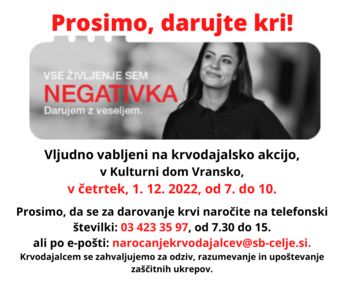 Krvodajalska akcija na Vranskem, 1. 12. 2022