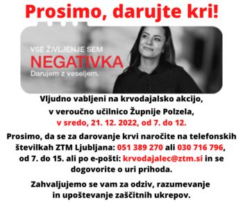 Krvodajalska akcija v veroučni učilnici Župnije Polzela v sredo, 21. 12. 2022, od 7. do 12. ure