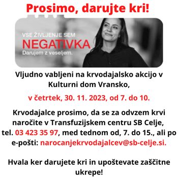 Krvodajalska akcija v Kulturnem domu Vransko, v četrtek, 30. 11. 2023, od 7. do 10. ure.