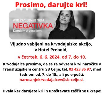 Krvodajalska akcija v Hotelu Prebold, 6. 6. 2024, od 7. do 10. ure