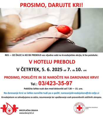 Krvodajalska akcija v Hotelu Prebold, v četrtek, 5. 6. 2025, od 7. do 10. ure!