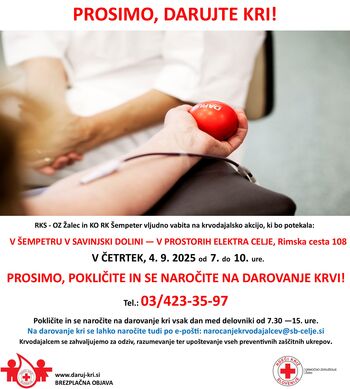 Krvodajalska akcija v Elektru Celje, enoti Šempeter, 4. 9. 2025, od 7. do 10. ure