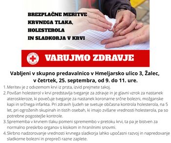 Brezplačne meritve holesterola, sladkorja in krvnega tlaka, 25. 9. 2025, od 9. do 11. ure!