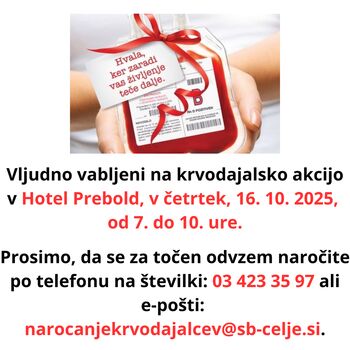 Krvodajalska akcija v hotelu Prebold, v četrtek, 16. oktobra, od 7. do 10. ure!