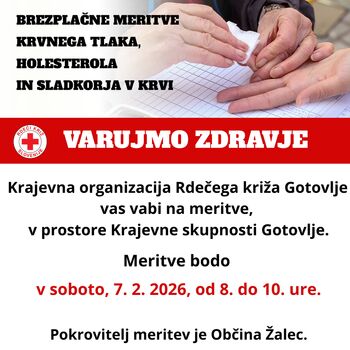 Vabljeni na meritve v Krajevno skupnost Gotovlje, v soboto, 7. 2. 2026, od 8. do 10. ure!