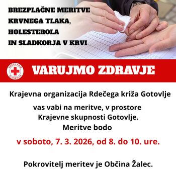 Merjenje krvnih vrednosti v Gotovljah, 7. 3. 2026, od 8. do 10. ure!