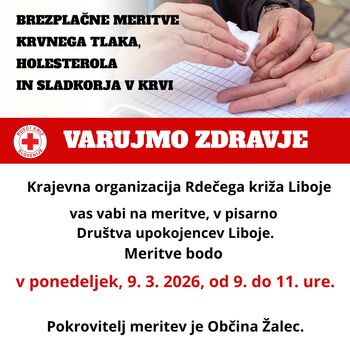 Meritve krvnih vrednosti v Libojah, 9. 3. 2026, od 9. do 11. ure!