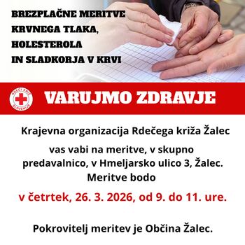 Meritve krvnih vrednosti v Žalcu, 26. 3. 2026, od 9. do 11. ure!