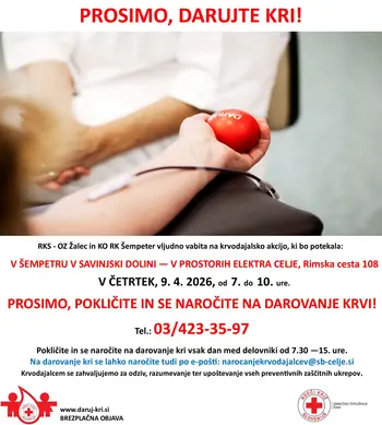 Krvodajalska akcija v ECE Šempeter, Rimska cesta 108, 9. 4. 2026, od 7. do 10. ure!