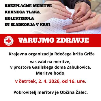 Meritve krvnih vrednosti v Gasilskem domu Zabukovica, 2. 4. 2026, od 16. ure!