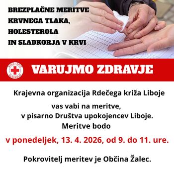 Meritve krvnih vrednosti v Libojah, 13. 4. 2026, od 9. do 11. ure! Meritve krvnih vrednosti v Libojah, 13. 4. 2026, od 9. do 11. ure!