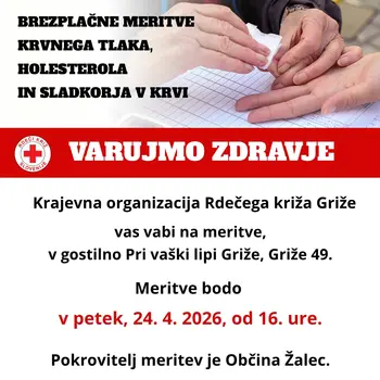Meritve krvnih vrednosti v Grižah, v petek, 24. 4. 2026, od 16. ure
