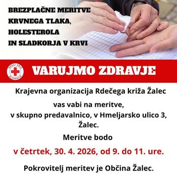 Meritve krvnih vrednosti v Žalcu, 30. 4. 2026, od 9. do 11. ure!