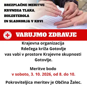 Meritve krvnih vrednosti v Gotovljah, 3. 10. 2026, od 8. do 10. ure!