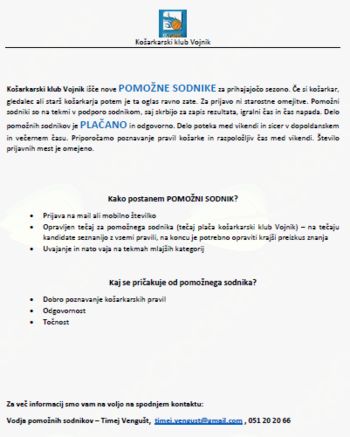 Košarkarski klub Vojnik išče nove pomožne sodnike