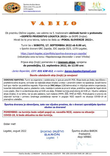 5. tradicionalni občinski turnir v prstometu, »ODPRTO PRVENSTVO LOGATCA 2022«  in prva tekma trojk za »POKAL SLOVENIJE 2022«