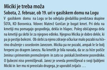 Gledališka predstava - komedija. Nastopa gledališka skupina "Šota" iz Borovnice