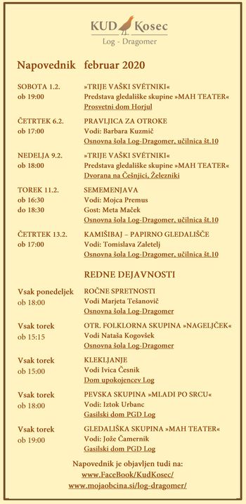 KUD Kosec: Napovednik dogodkov v februarju