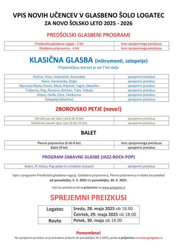 VPIS novih učencev v Glasbeno šolo Logatec za šol. leto 2025/26