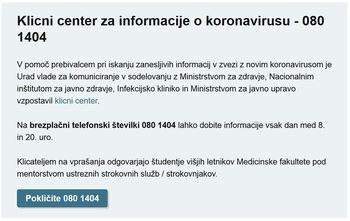 080 1404 - Klicni center za informacije o koronavirusu