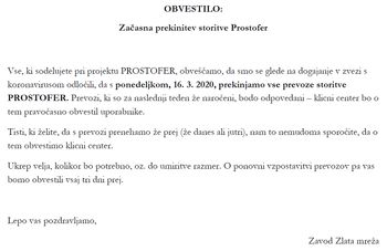 "PROSTOFER" - odpovedani prevozi "PROSTOFER" - odpovedani prevozi