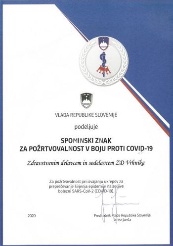 ZD Vrhnika prejel spominski znak za požrtvovalnost v boju proti covidu-19