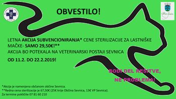 Sterilizacija lastniških muc v občini Sevnica, cena 29,50 €