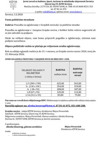 Ponudba za oglaševanje v Grajskih novicah/ za politične stranke