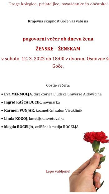  Pogovorni večer ob dnevu žena: ŽENSKE - ŽENSKAM na Gočah
