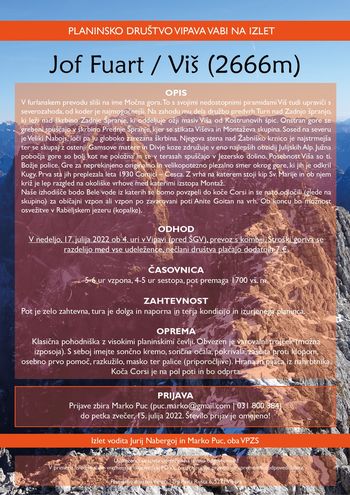 PLANINSKO DRUŠTVO VIPAVA VABI NA IZLET JOF FUART / VIŠ (2666M)