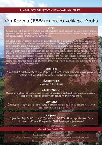 Vrh Korena (1999 m) preko Velikega Zvoha 