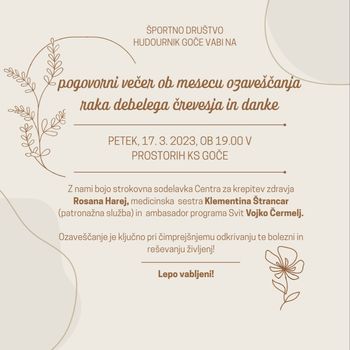 Pogovorni večer ob mesecu ozaveščanja raka debelega črevesja in danke; na Gočah