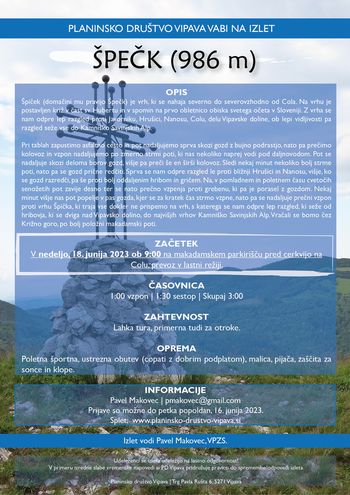 Planinsko društvo vabi na izlet: ŠPEČK