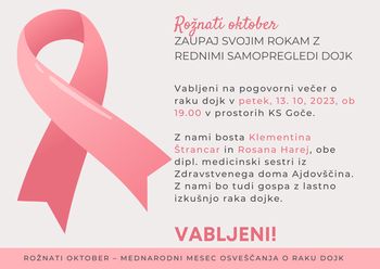 Rožnati oktober I Pogovorni večer o raku dojk; na Gočah 