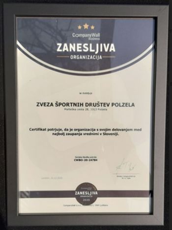 Certifikat Zvezi športnih društev Polzela