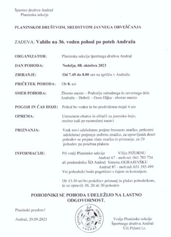 36. voden pohod po poteh Andraža - nedelja, 8. oktober 2023
