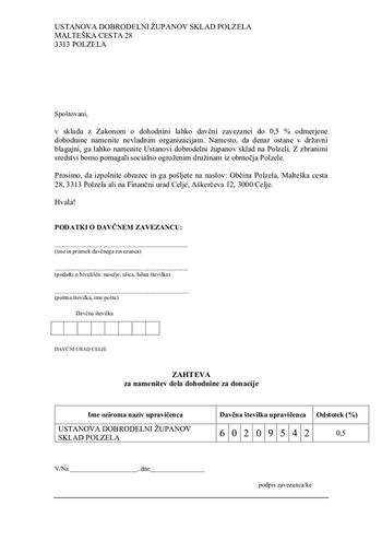 Dohodnina v Ustanovo dobrodelni županov sklad Polzela