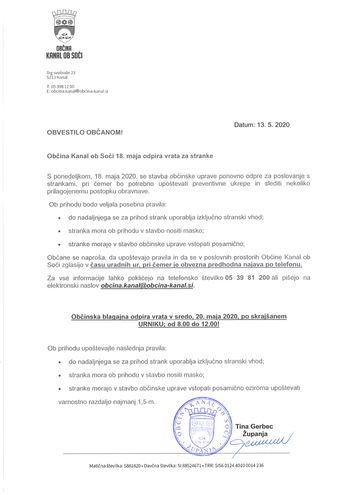 Občina Kanal ob Soči 18. maja odpira vrata za stranke