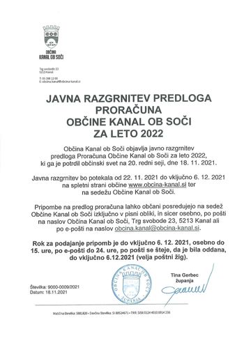 Obvestilo o javni razgrnitvi predloga proračuna za leto 2022 Obvestilo o javni razgrnitvi predloga proračuna za leto 2022