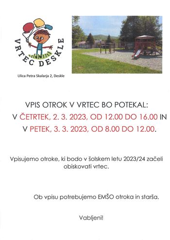 Vpis otrok v Vrtec Deskle Vpis otrok v Vrtec Deskle