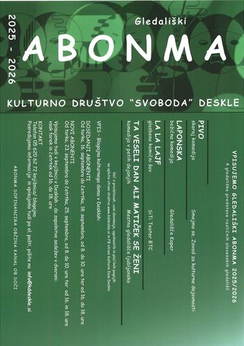 Kulturno društvo Svoboda Deskle vpisuje Gledališki abonma 2025/2026