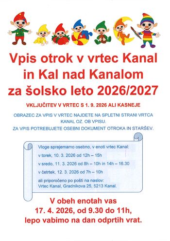 Vpis otrok v vrtec Kanal in Kal nad Kanalom
