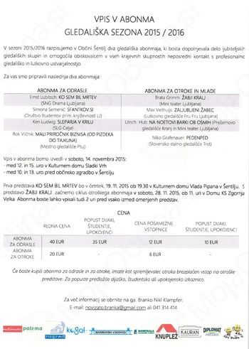 Vpis v abonma - sezona 2015 / 2016