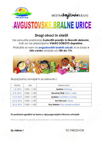 Vabljeni na sobotne bralne urice v TIC Preddvor Vabljeni na sobotne bralne urice v TIC Preddvor