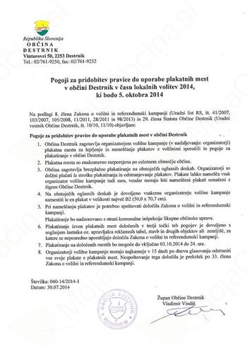 Pogoji za pridobitev pravice do uporabe plakatnih mest v Občini Destrnik - Lokalne volitve 2014
