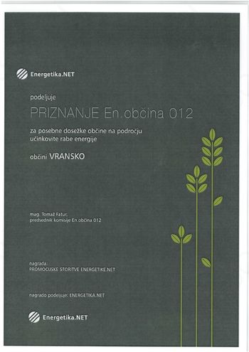 Občina Vransko prejela posebno nagrado komisije za primere dobrih praks v energetski učinkovitosti