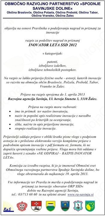 Razpis za podelitev nagrad in priznanj INOVATOR LETA SSD 2012